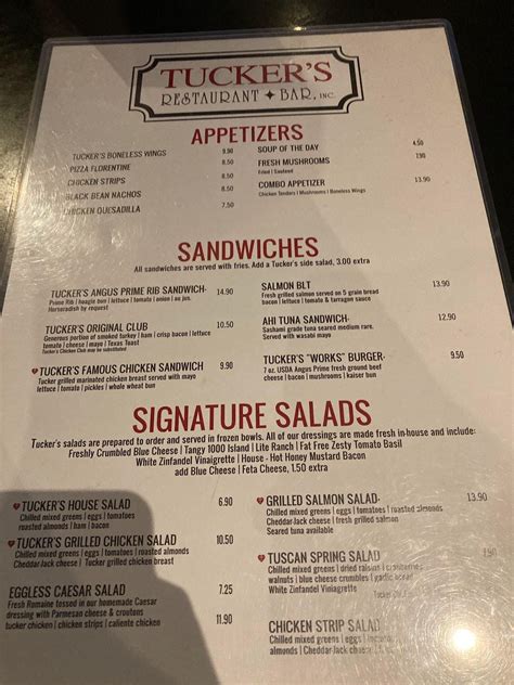 Menu at Tucker's Restaurant, Anderson