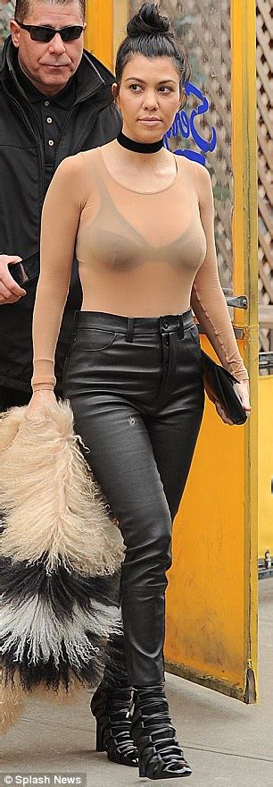 Kourtney Kardashian Flashes Racy Black Bra In Semi Sheer Nude Top Ahead Of Nyfw Daily Mail Online