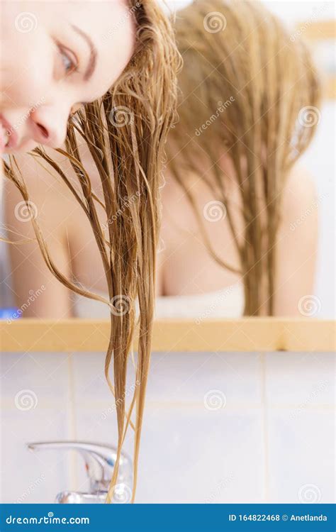 Woman Having Wet Blonde Hair Stock Photo Image Of Natural Bathroom