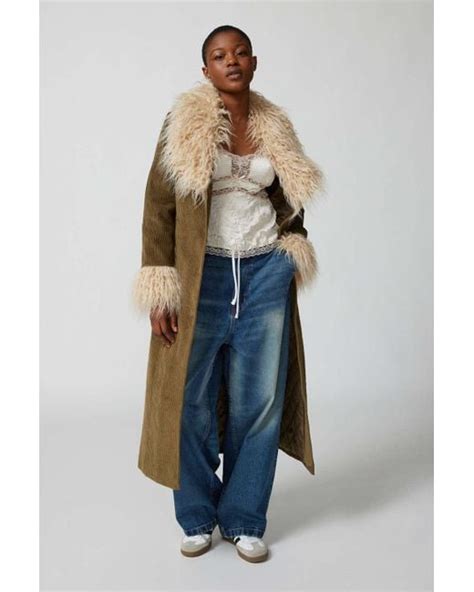 Urban Outfitters Uo Tasha Faux Fur Corduroy Longline Coat Jacket In Army Greenat In Blue Lyst