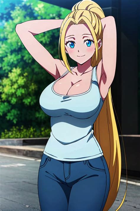 A Woman With Long Blonde Hair And Blue Eyes Is Standing On The Street Her Hands Behind Her Head