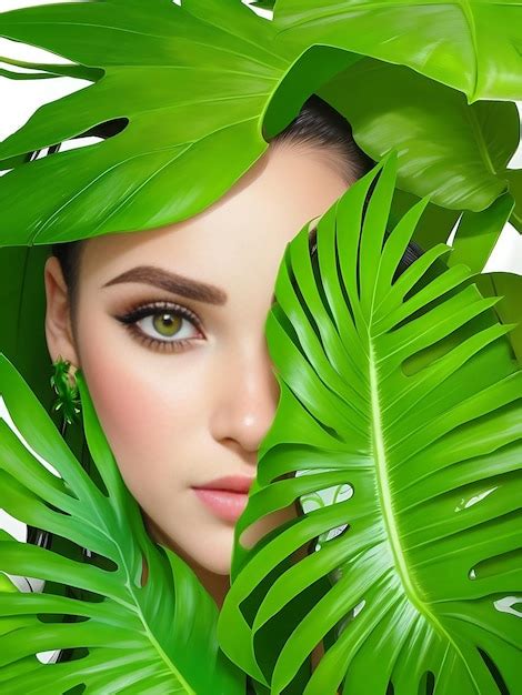 Premium AI Image Tropical Portrait Beautiful Woman In Leaves Palm