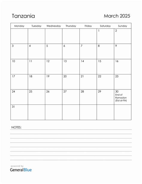 March 2025 Tanzania Calendar with Holidays