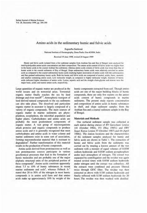 Pdf Amino Acids In The Sedimentary Humic And Fulvic Acidsnopr Niscair