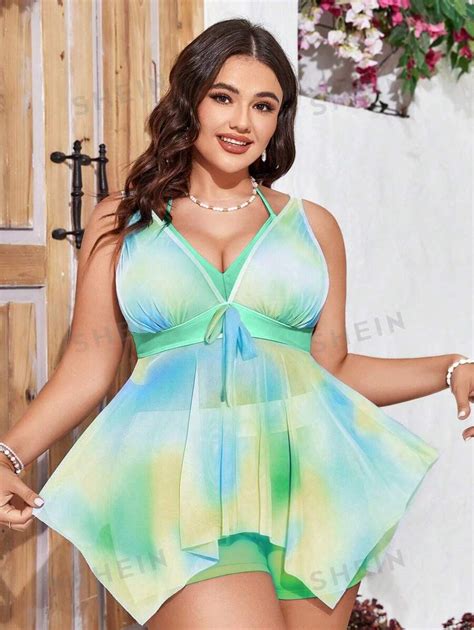 Shein Swim Curve Plus Size Tie Dye Printed Two Piece Bikini Set Beach Outfit Bathing Suit