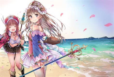 2girls Alt Atelier Atelier Totori Beach Blush Boots Breasts Brown Eyes Brown Hair Cleavage Dress