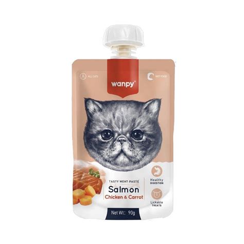 Лакомство за котка Wanpy Месна паста сьомга, пиле и морков, 90 г - eMAG.bg