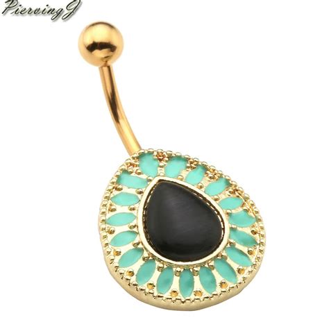 Piercingj Latest Stainless Steel Golden And Black Teardrop Gem Stone