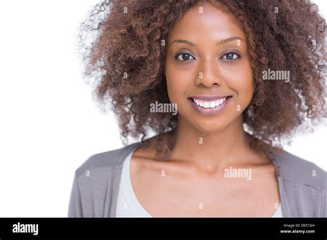 Cheerful Brunette Woman Standing Stock Photo Alamy