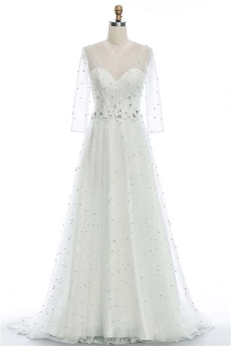 Illusion 3/4 Sleeve Pearl Lace Wedding Dress