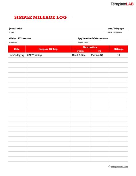 20 Printable Mileage Log Templates Free Templatelab