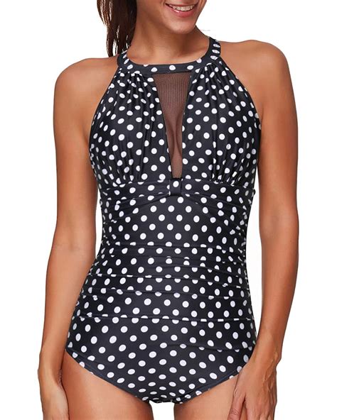 Tempt Me Women One Piece Swimsuit High Neck Plunge Mesh Ruched Monokini Swimwear Size Large