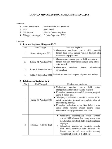 Laporan Mingguan Ke 5 Kampus Mengajar Pdf