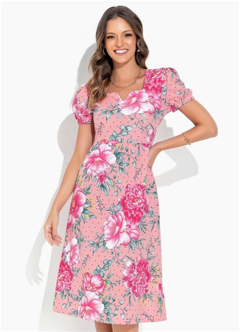 Vestido Floral Rosa Decote V Moda Evangélica Rosalie