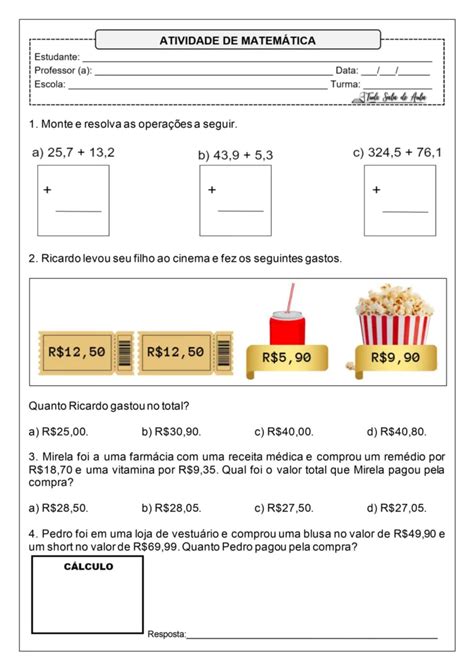 Atividades com Numeros Decimais para o 4º e 5º ano - Tudo Sala de Aula