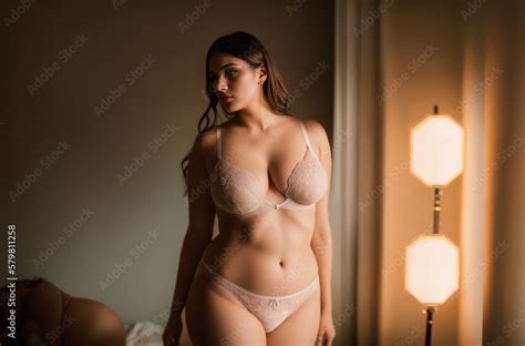 Beautiful Plus Size Brunette Woman In Lingerie In Photo Studio Generative AI Stock