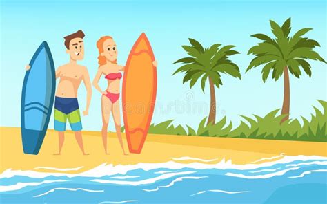 Surf Characters Man And Woman Surfers Standing On Beach Holding