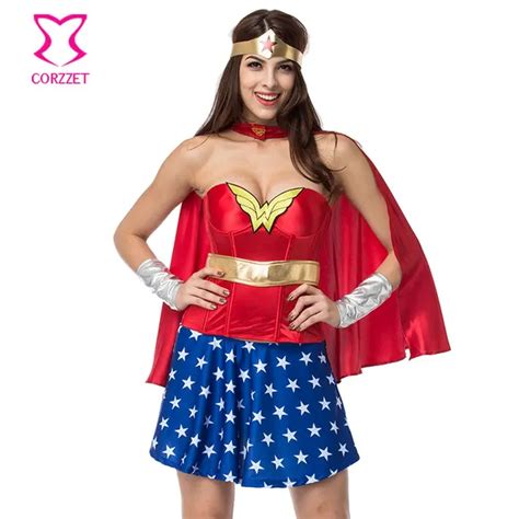 Red Satin Wonder Woman Corset With Blue Skirt Supergirl Dress Cosplay