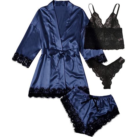 7 Mo Finance WDIRARA Women Silk Satin Pajamas Set 4pcs Lingerie Floral Lace Cami Sleepwear