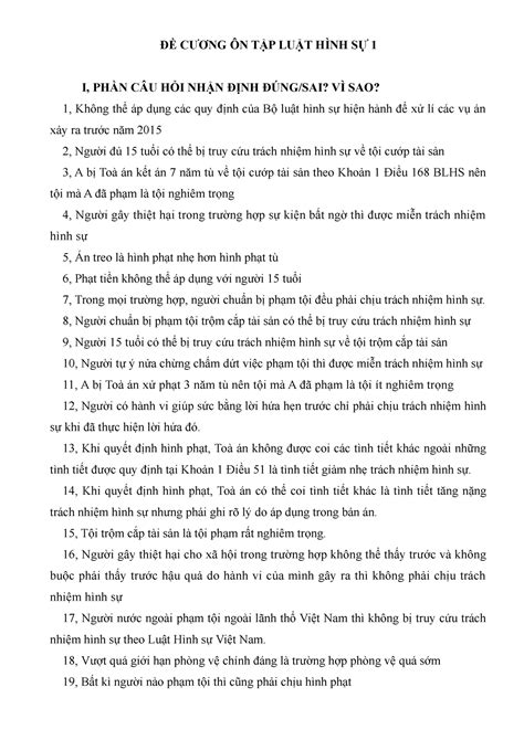 CÂu HỎi Ôn TẬp LuẬt HÌnh SỰ 1 ĐỀ CƯƠng Ôn TẬp LuẬt HÌnh SỰ 1 I PhẦn CÂu HỎi NhẬn ĐỊnh ĐÚng