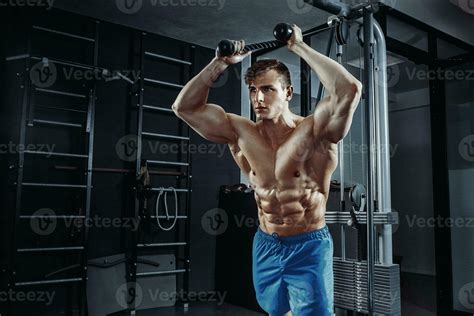 Sexy Muscular Man Posing In Gym Shaped Abdominal Strong Male Naked Torso Abs Working Out