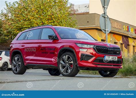 Skoda Kodiaq Rs Suv Presented At Dealership With Bright Red Colour