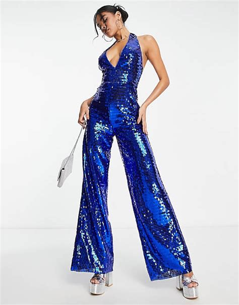 Asos Design Embellished Plunge Halterneck Jumpsuit In Blue Square