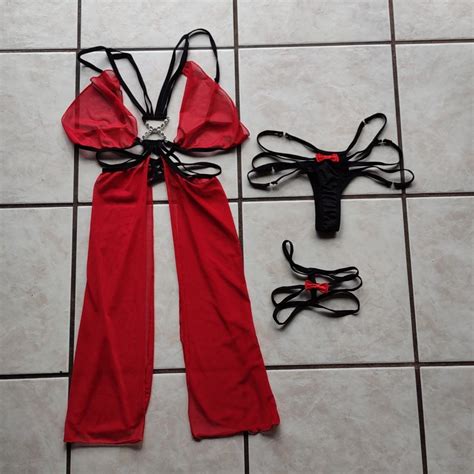 Red And Black Strappy Mesh Sexy Babydoll Lingerie Depop
