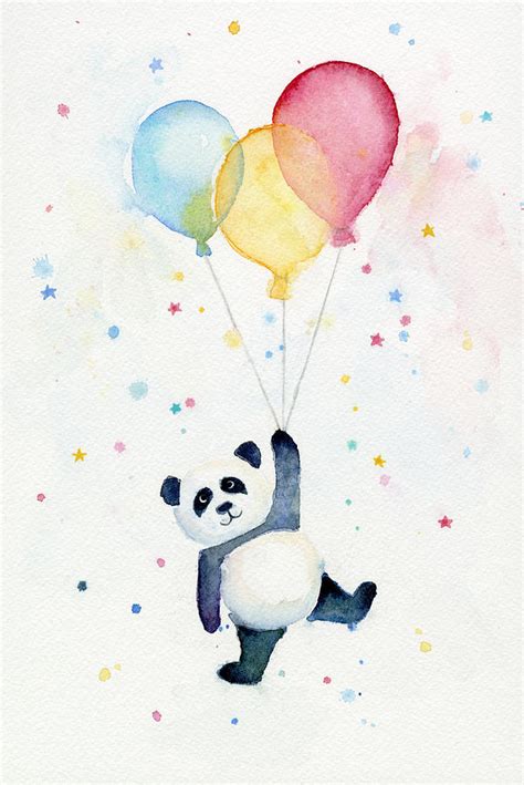 Panda Floating With Balloons Painting By Olga Shvartsur