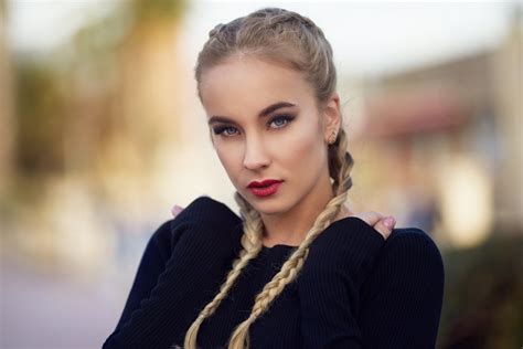 Blonde Pigtails Red Lipstick Depth Of Field Pink Nails Women Portrait HD Wallpaper Rare