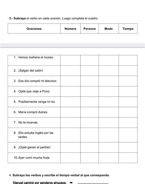 3 Subraya el verbo en cada oración Luego completa el cuadro