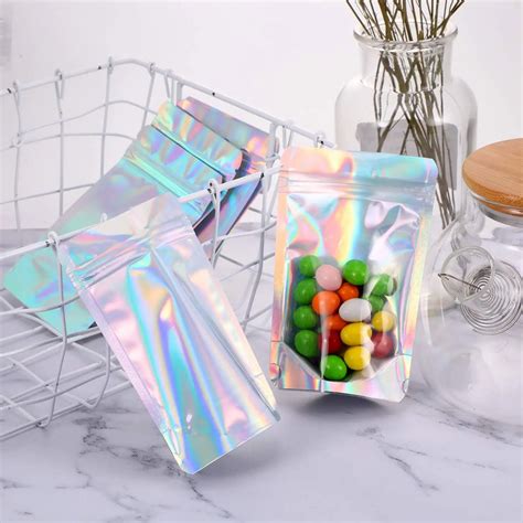 50pcs Laser Aluminum Foil Mylar Zip Lock Pouch Clear Hologram Rainbow