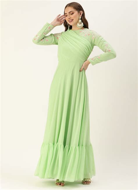 Shop Green Embroidered Georgette Gown Festive Wear Online At Best Price