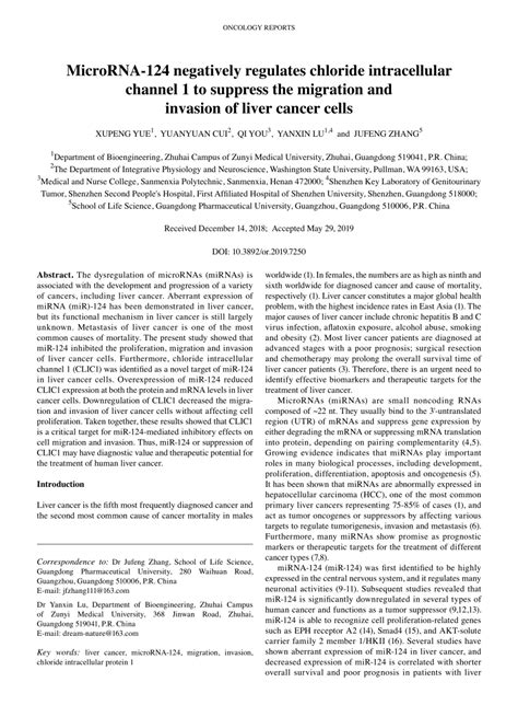 PDF MicroRNA124 Negatively Regulates Chloride Intracellular Channel