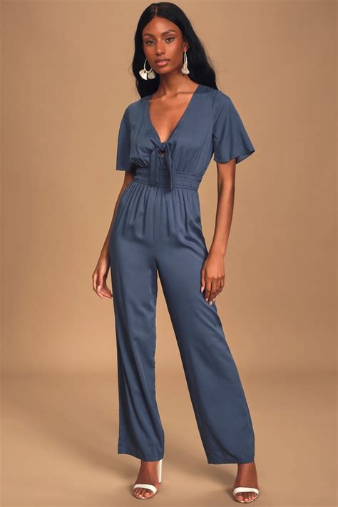 Cute Denim Blue Jumpsuit Tie Front Jumpsuit Woven Jumpsuit Lulus