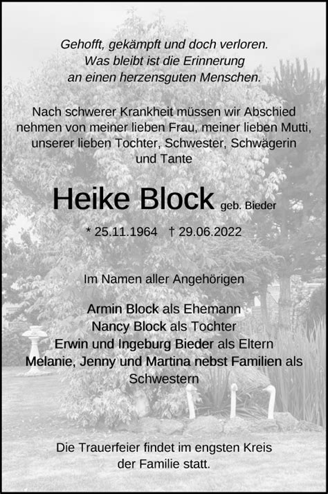 Traueranzeigen Von Heike Block Trauer Nordkurier