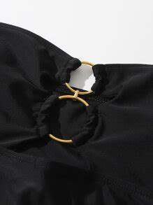 Solid Bikini Set Cut Out Ring Linked Bandeau Bra High Waisted Bottom Piece Bathing Suit