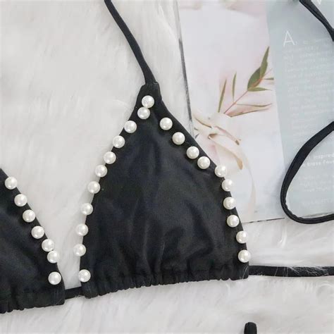 New Famous Sexy Bikini Solid Color Lace Up Pearl Swimsuit Split Swimsuit Jewelry Swimwear