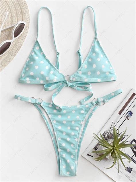 OFF ZAFUL Polka Dot O Ring String Bikini Swimsuit In LIGHT BLUE ZAFUL