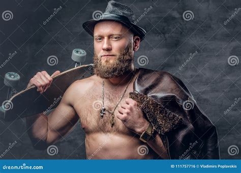 Bearded Man Wearing A Leather Jacket On Naked Torso Stock Photo Image Of Expression Brutal