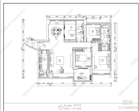 现代家装四房两厅两卫室内施工图下载【ID:1148800613】_知末案例馆