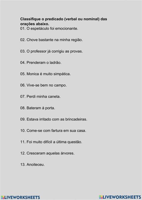 Atividades Sobre Predicado Verbal E Nominal