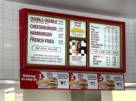 Menu at In-N-Out Burger fast food, Los Angeles, S Sepulveda Blvd