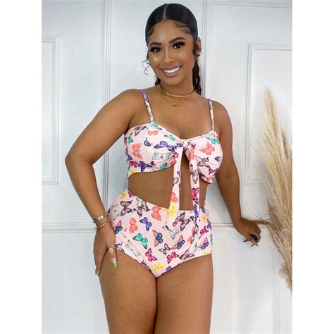 Biquini Cintura Alta Feminino Listrado Hot pants Laço Shopee Brasil