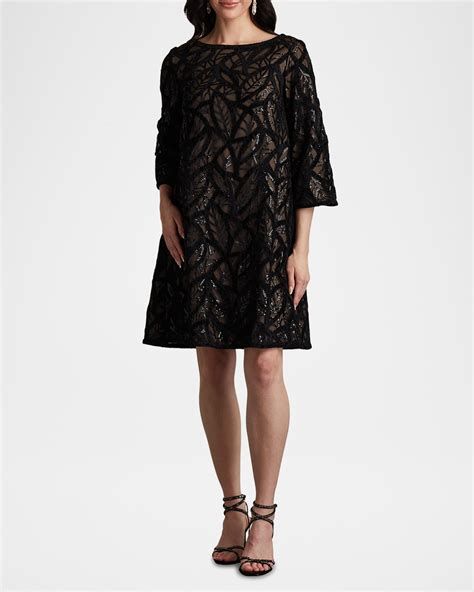 Tadashi Shoji Bateau-Neck Sequin Velvet Lace Dress | Neiman Marcus