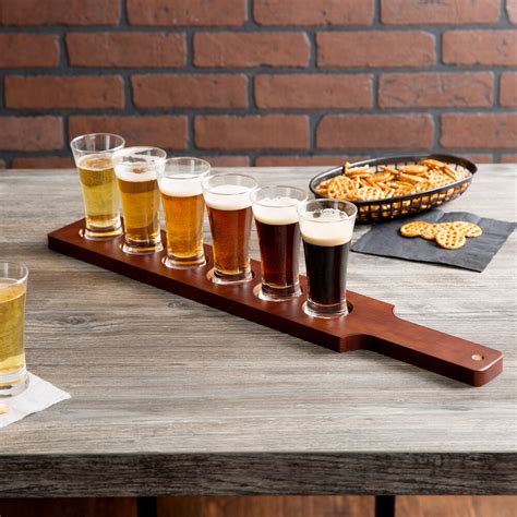 Core Pilsner Beer Flight Set 6 Sampler Glasses With Red Brown Finish Wood Paddle