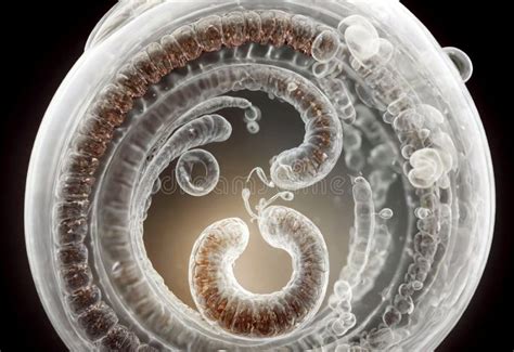 White Parasites Under a Microscope. Roundworms in the Human Body. Oscarids in the Stomach ...