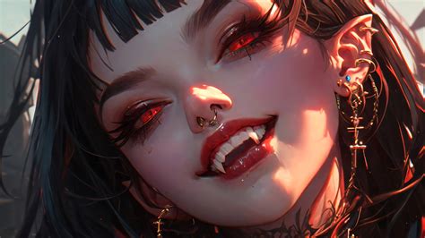 Vampire Girl Fangs Red Eyes 4K #7230j Wallpaper PC Desktop