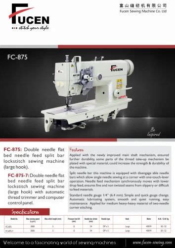 FC 875 Double Needle Flat Bed Needle Feed Split Bar Lockstitch Sewing