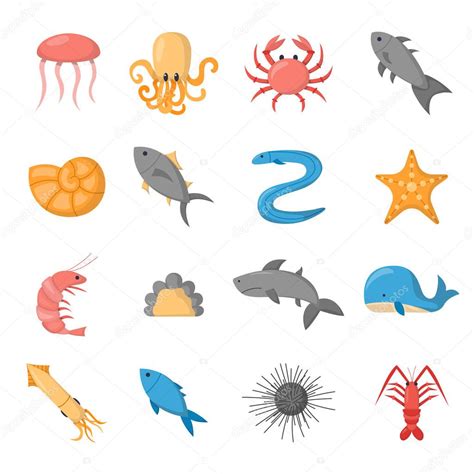 Vector Cartoon Sea Underwater Creatures Icons Stock Vector